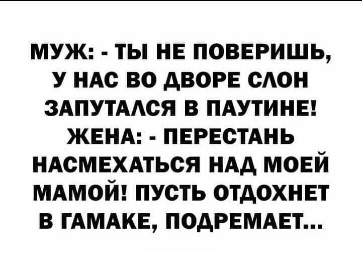 МУЖ ты не поверишь у ндс во дворе сАон 3АпутААся в пдутины ЖЕНА ПЕРЕСТАНЬ ндсмвхмься НАд моей мдмой пусть отдохнвт в ГАМАКЕ подрвмдвт