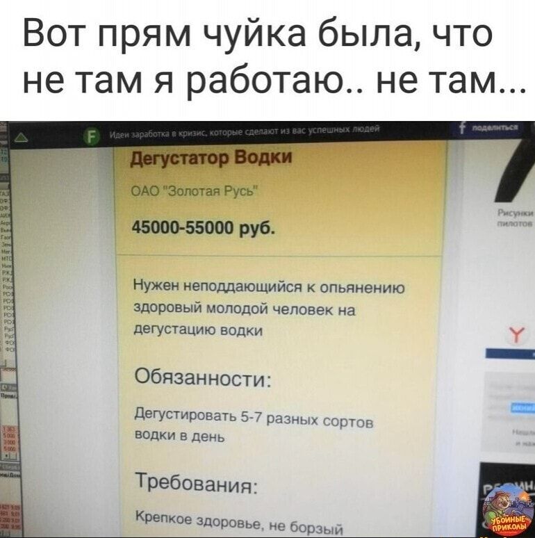 Вот прям чуйка была что не там я работаю не там оАо Золотая Русь ишо 55000 руб Нужен неподдающийся к опьянению здоровый молодой человек на дегустацию водки У Обязанности дегустировать 57 разных сортоп водки в день Требования Крепкое здоровье не борзый