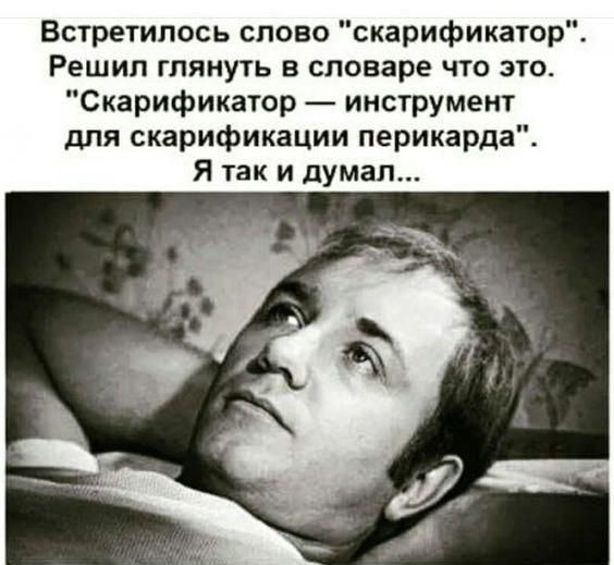 Встретилось слово скарификатор Решил глянуть в словаре что это Скарификатор инструмент для скарификации перикарда Я так и думал