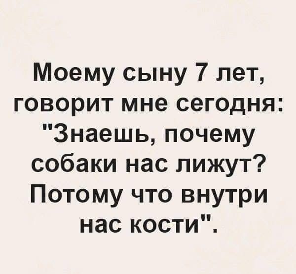 Моему сыну 7 лет говорит мне сегодня Знаешь почему собаки нас лижут Потому что внутри нас кости