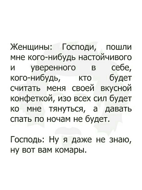 Женщины Господи пошли мне кого нибудь настойчивого и уверенного в себе кого нибудь кто будет считать меня своей вкусной конфеткой изо всех сил будет ко мне тянуться а давать спать по ночам не будет Господь Ну я даже не знаю ну вот вам комары