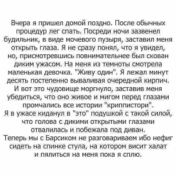Вчера я пришел домой поздно После обычных процедур лег спать Посреди ночи зазвенел будильник в виде мочевого пузыря заставил меня открыть глаза Я не сразу понял что я увидел но присмотревшись повнимательнее был скован диким ужасом На меня из темноты смотрела маленькая девочка Живу один Я лежал минут десять постепенно вываливая очередной кирпич И вот это чудовище моргнуло заставив меня убедиться чт