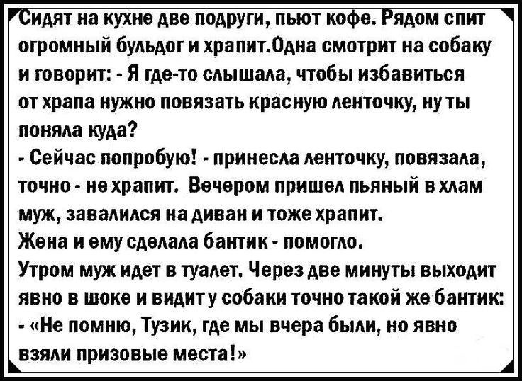 идят на кухне две подруги пьют кофе Рядом спит огромный бульдог и храпит0дна смотрит на собаку и говорит Я где то слышала чтобы избавиться от храпа нужно повязать красную ленточку нуты поняла куда Сейчас попробую принесла ленточку повязала точно не храпит Вечером пришел пьяный вхлам муж завалился на диван и тоже храпит Жена и ему сделала бантик помогло Утром муж идет в туалет Через две минуты выхо
