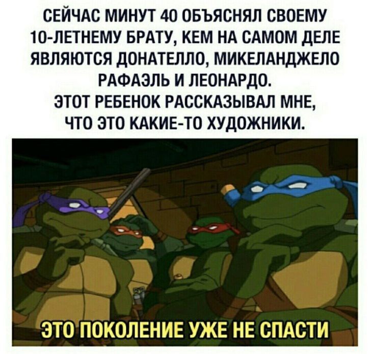 СЕЙЧАС МИНУТ 40 ОБЪЯСНЯЛ СВОЕМУ 10 ЛЕТНЕМУ БРАТУ КЕМ НА САМОМ ДЕЛЕ ЯВЛЯЮТСЯ ДОНАТЕЛЛО МИКЕЛАНДЖЕЛО РАФАЭЛЬ И ЛЕОНАРДО ЭТОТ РЕБЕНОК РАССКАЗЫВАЛ МНЕ ЧТО ЭТО КАКИЕ ТО ХУДОЖНИКИ ЭТО ПОКОЛЕНИЕ УЖЕ НЕ СПАСТИ