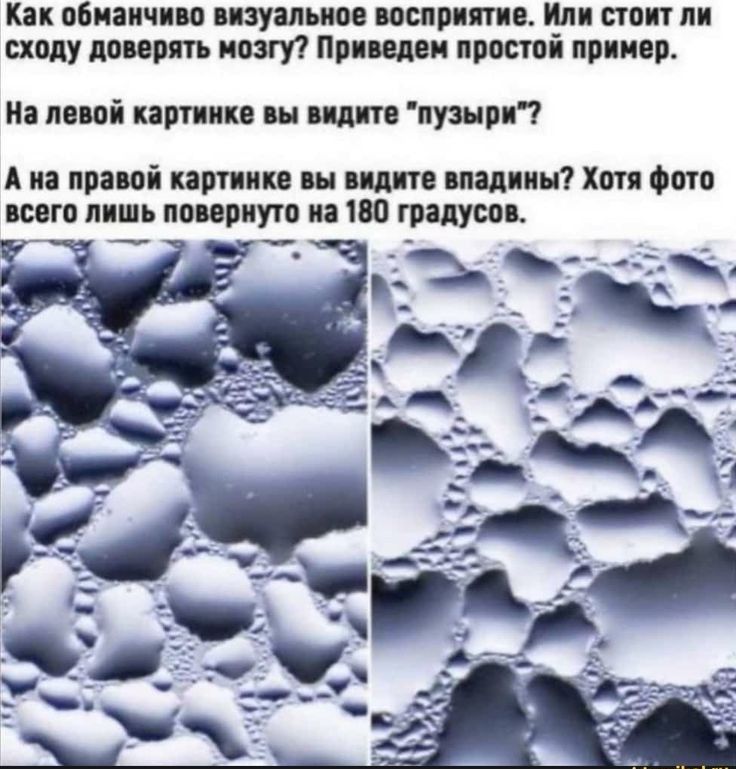 Как обманчиво визуальное восприятие Или стоит ли сходу доверять мозгу Приведен простой пример На левой картинке вы видите пузыри А на правой картинке вы видите впадет Хотя Фото всего лишь повериуто на 180 градусов _ _івдъд