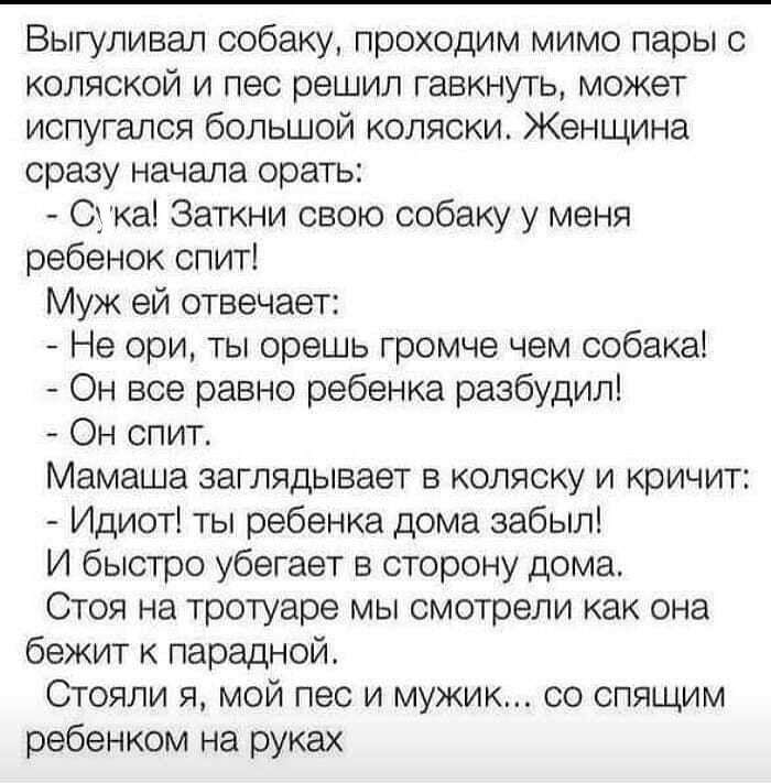 Выгуливап собаку проходим мимо пары с коляской и лес решил гавкнуть может испугался большой коляски Женщина сразу начала орать 61 ка Заткни свою собаку у меня ребенок спит Муж ей отвечает Не ори ты орешь громче чем собака Он все равно ребенка разбудил Он спит Мамаша заглядывает в коляску и кричит Идиот ты ребенка дома забыл И быстро убегает в сторону дома Стоя на тротуаре мы смотрели как она бежит