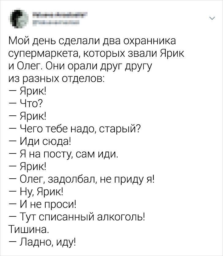 Мой день сделали два охранника супермаркета которых звали Ярик и Олег Они орали Друг Другу из разных отделов Ярик Что Ярик Чего тебе надо старый Иди сюда Я на посту сам иди Ярик Олег задолбал не приду я Ну Ярик И не проси Тут списанный алкоголь Тишина Ладно иду