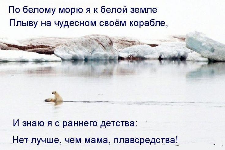 По белому морю я к белой земле Ппыву на чудесном своём корабле И знаю Я С раннего детства Нет лучше чем мама плавсредства
