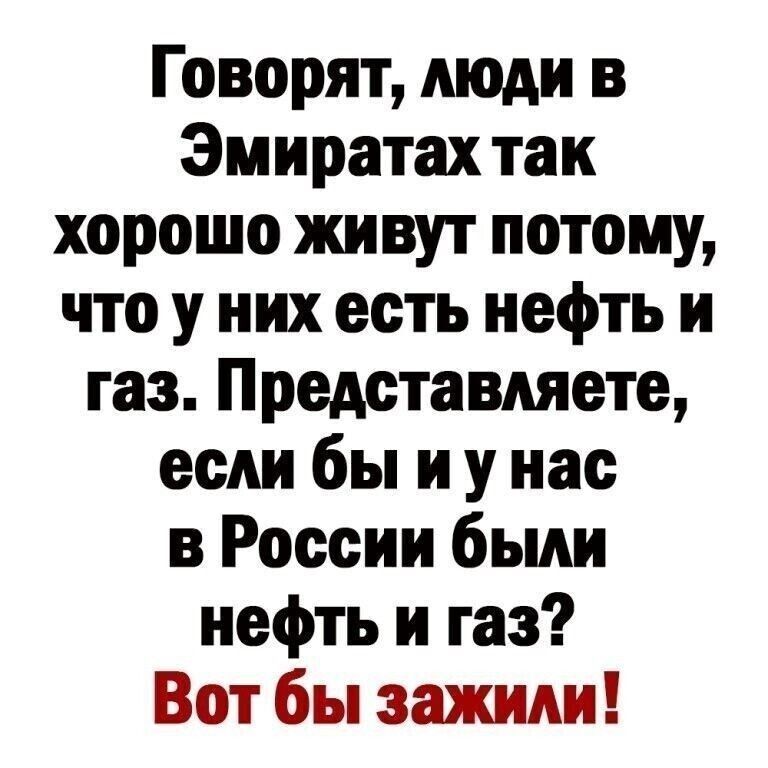 Говорят люди в Эмиратах так хорошо живут потому что у них есть нефть и газ Представляете если бы и у нас в России были нефть и газ Вот бы зажили