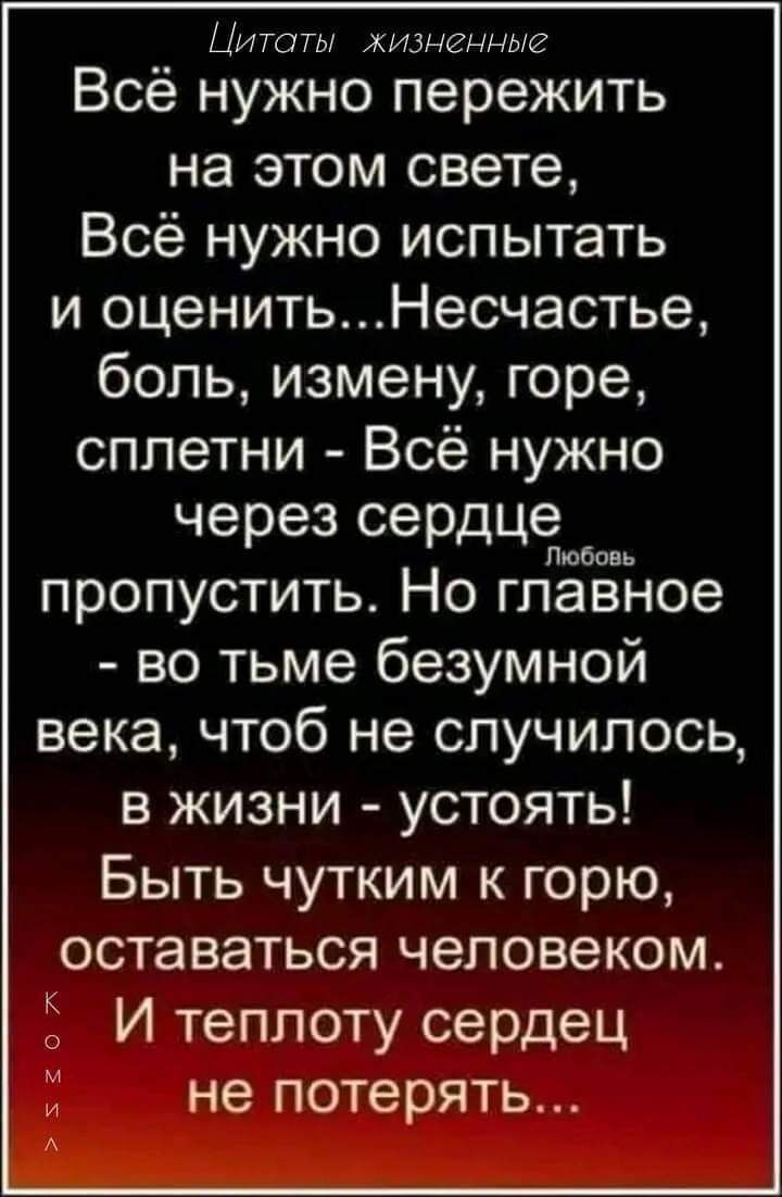 Цитаты жизненные Всё нужно пережить на этом свете Всё нужно испытать и оценитьНесчастье боль измену горе сплетни Всё нужно через сердце Любинь пропустить Но главное во тьме безумной века чтоб не случилось в жизни устоять Быть чутким к горю оставаться человеком И теплоту сердец не потерять