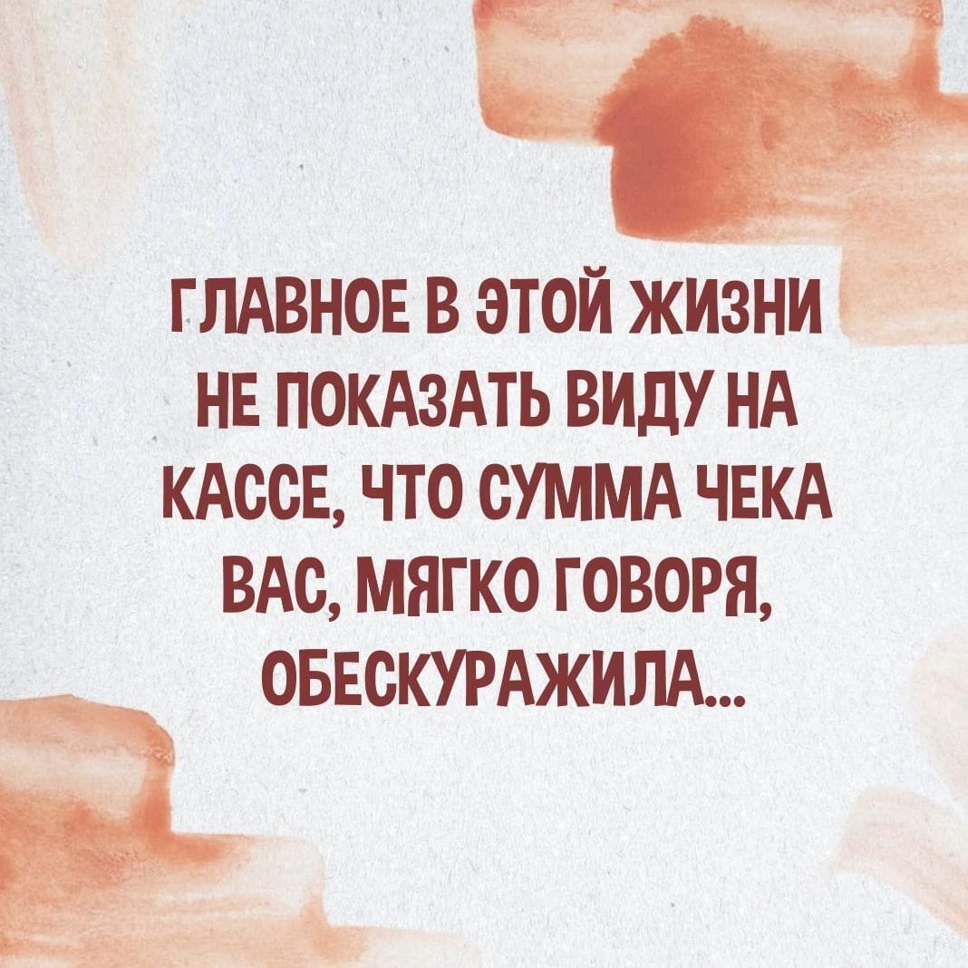 ГЛАВНОЕ В ЭТОЙ ЖИЗНИ НЕ ПОКАЗАТЬ ВИДУ НА КАОСЕ ЧТО СУММА ЧЕКА ВАО МЯГКО ГОВОРЯ ОБЕСКУРАЖИЛА Е