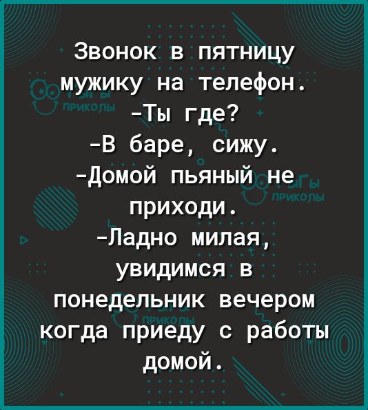 Звонок в пятницу мужику на телефон Ты где В баре сижу Домой пьяный не приходи Ладно милая увидимся в понедельник вечером когда приеду с работы домой