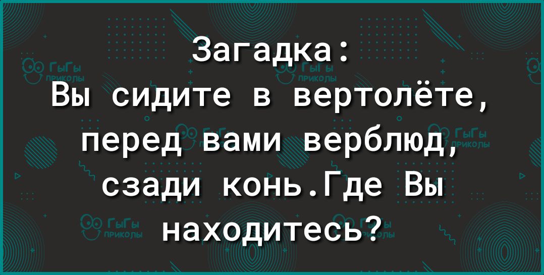 Загадка Вы сидите в вертолёте перед вами верблюд сзади коньГде Вы находитесь