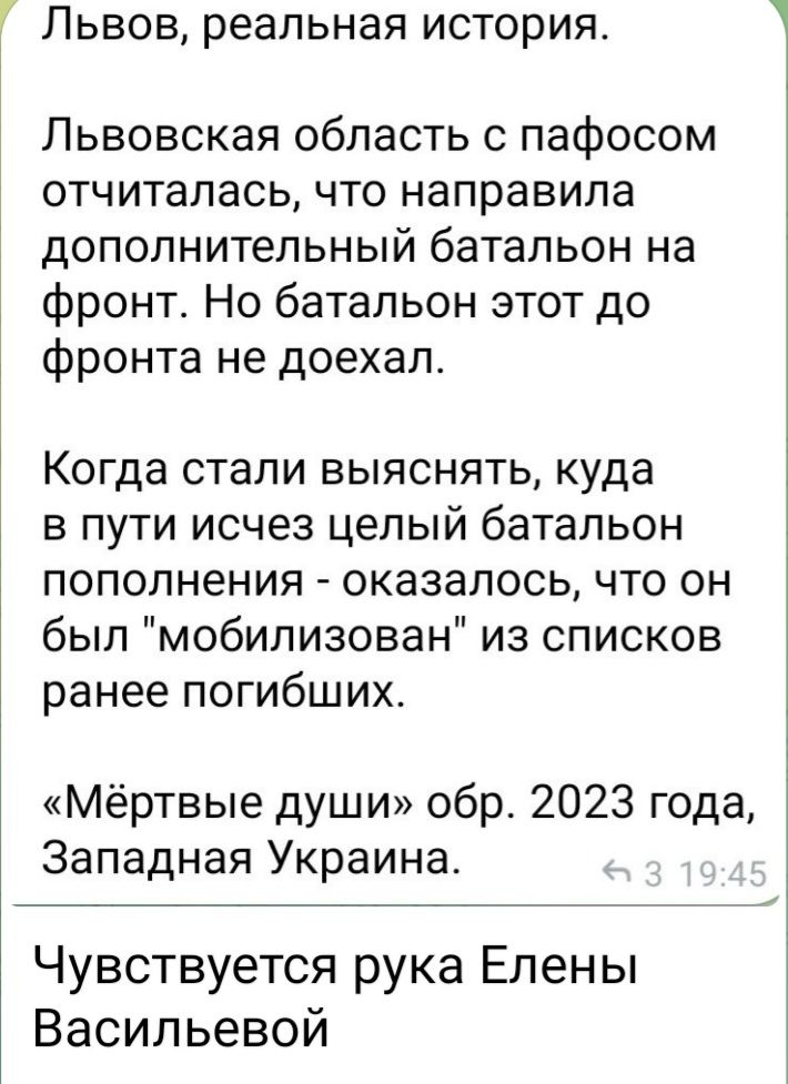 Львов реальная история Львовская область с пафосом отчиталась что направила дополнительный батальон на фронт Но батальон этот до фронта не доехал Когда стали выяснять куда в пути исчез целый батальон пополнения оказалось что он был мобилизован из списков ранее погибших Мёртвые души обр 2023 года Западная Украина Чувствуется рука Елены Васильевой