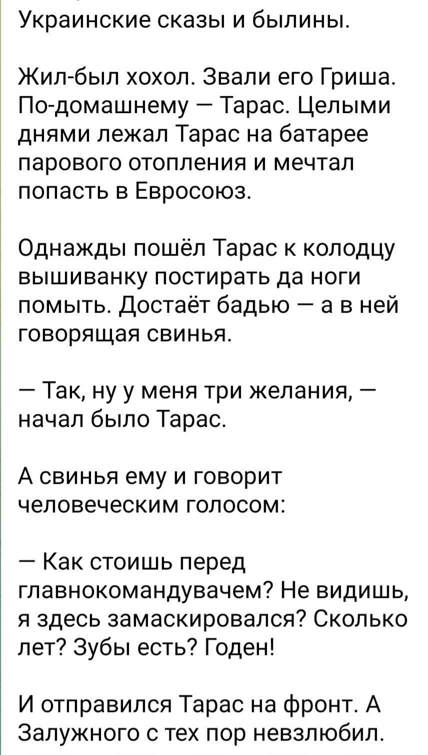 Украинские сказы и былины Жил был хохол Звали его Гриша По домашнему Тарас Целыми днями лежал Тарас на батарее парового отопления и мечтал попасть в Евросоюз Однажды пошёл Тарас к колодцу вышиванку постирать да ноги помыть Достаёт бадью а в ней говорящая свинья Так ну у меня три желания начал было Тарас А свинья ему и говорит человеческим голосом Как стоишь перед гпавнокомандувачем Не видишь я зде