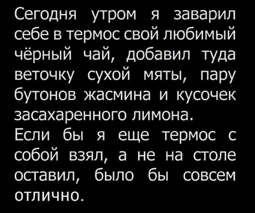 Сегодня утром я заварил себе в термос свой любимый чёрный чай добавил туда веточку сухой мяты пару бутонов жасмина и кусочек засахаренного лимона Если бы я еще термос с собой взял а не на столе оставил было бы совсем отлично