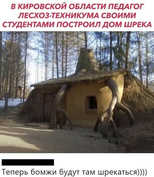 В КИРОВСКОЙ ОБЛАСТИ ПЕДАГ ОГ ЛЕСХОЗ ТЕХНИКУМА СВОИМИ СТУДЕНТАМИ ПОСТРОИЛ ДОМ ШРЕКА Теперь бомжи будут там шрекаться