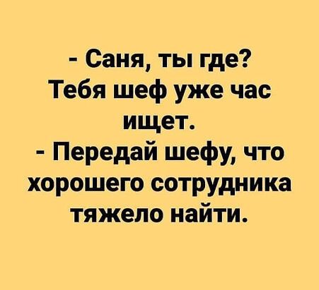 Саня ты где Тебя шеф уже час ищет Передай шефу что хорошего сотрудника тяжело найти