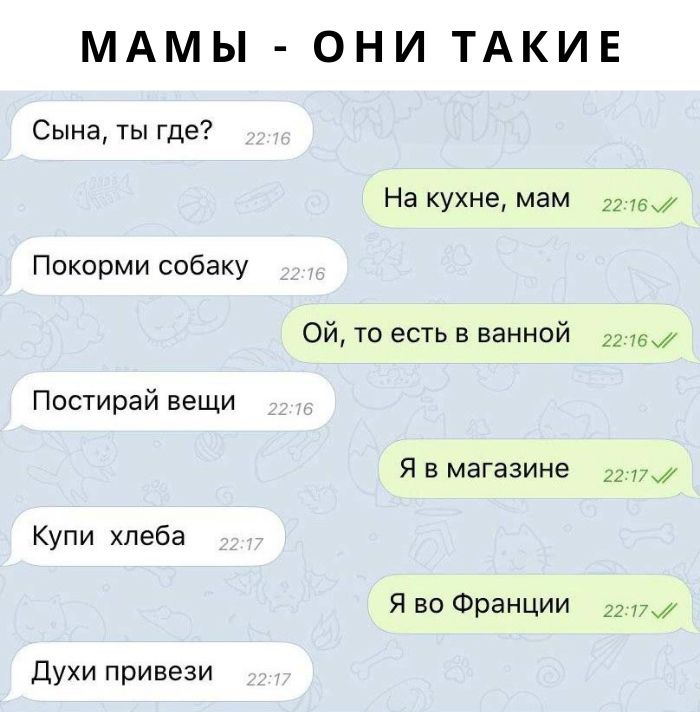 МАМЫ ОНИ ТАКИЕ Сына ты где Покорми собаку Постирай вещи Купи хлеба Духи привези На кухне мам Ой то есть в ванной Я в магазине Я во Франции 2216 2216 2277 22 77