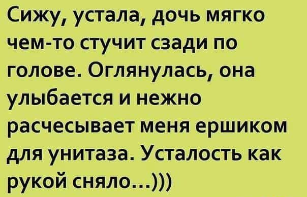 Сижу устала дочь мягко чем то стучит сзади по голове Оглянулась она улыбается и нежно расчесывает меня ершиком для унитаза Усталость как рукой сняло