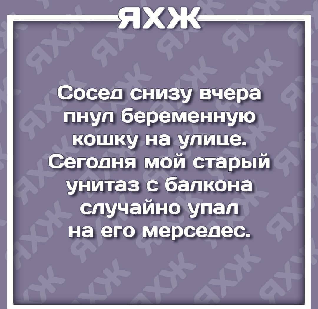 ЯХЖ Сосед снизу вчера пнуп беременную кошку на улице Сегодня мой старый унитаз с балкона случайно упал на его мерседес