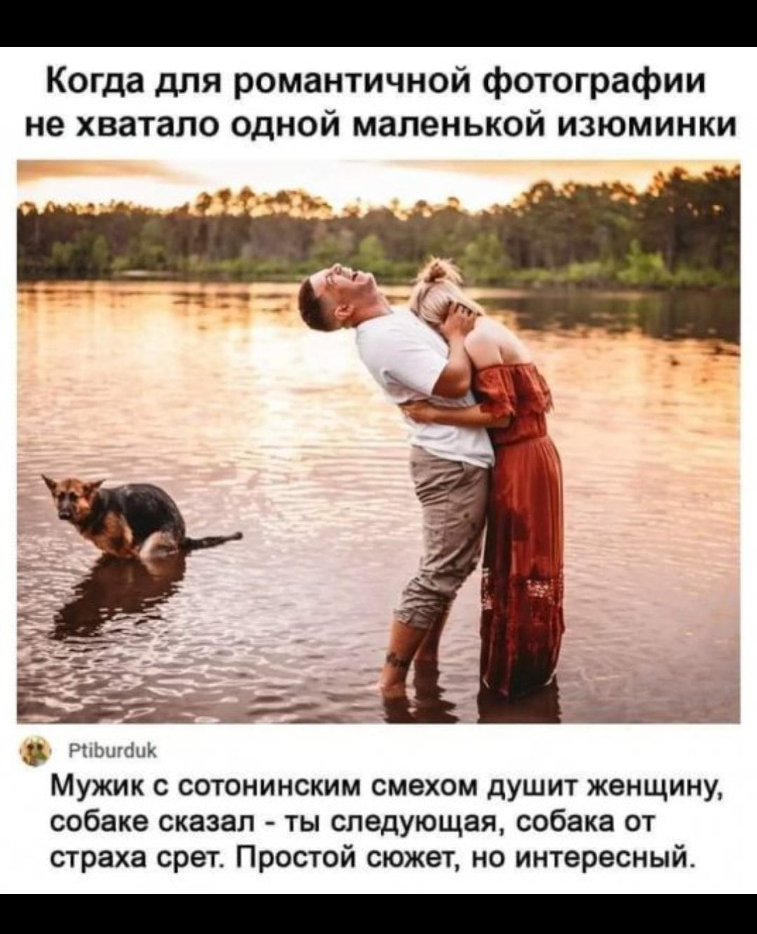 Когда для романтичной фотографии не хватало одной маленькой изюминки РыЬшбиК Мужик с сотонинским смехом душит женщину собаке сказал ты следующая собака от страха срет Простой сюжет но интересный