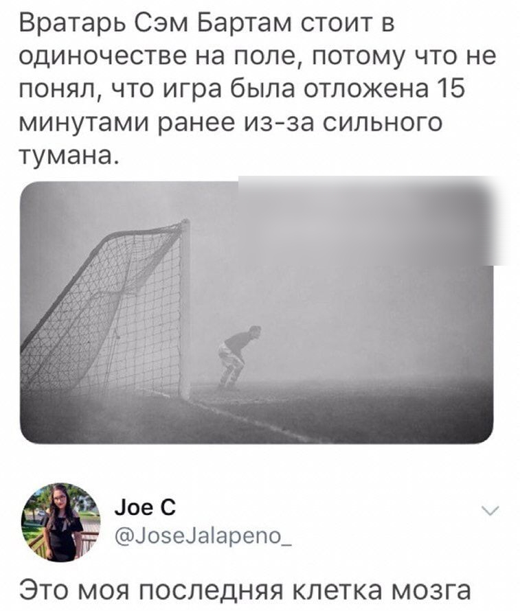 Вратарь Сэм Бартам стоит в одиночестве на поле потому что не понял что игра была отложена 15 минутами ранее изза сильного тумана іое С Цозеіаіарепо_ ЭТО МОЯ ПОСЛЭДНЯЯ КЛЭТКЭ мозга