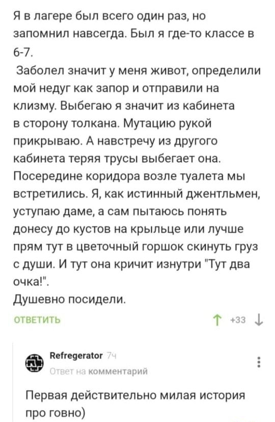 Я в лагере был всего один раз но запомнил навсегда Был я где то классе в 6 7 Заболел значит у меня живот определили мой недуг как запор и отправили на клизму Выбегаю я значит из кабинета в сторону толкана Мутацию рукой прикрываю А навстречу из другого кабинета теряя трусы выбегает она Посередине коридора возле туалета мы встретились Я как истинный джентльмен уступаю даме а сам пытаюсь понять донес