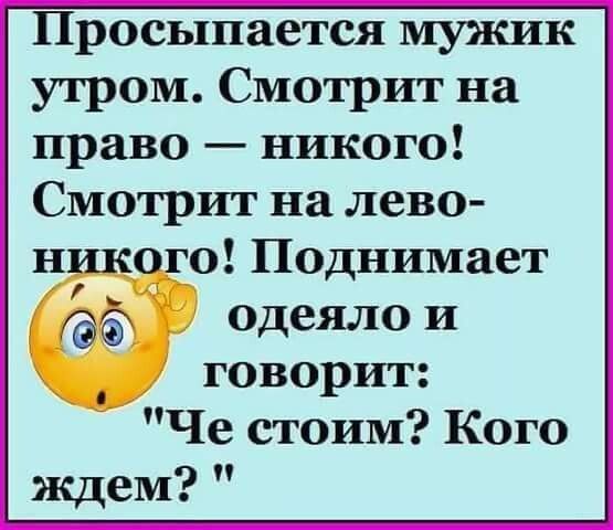 Просыпается мужик утром Смотрит на право никого Смотрит на лево н о Поднимает одеяло и говорит Че стоим Кого ждем