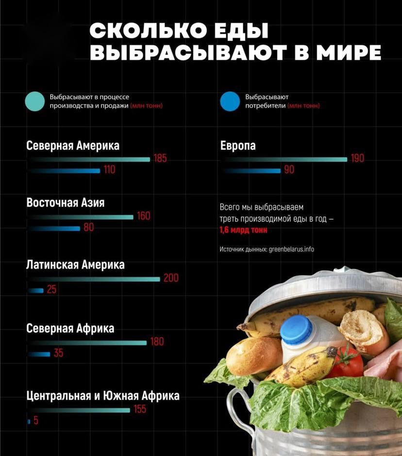 СКОЛЬКО Еды ВЫБРАОЫВАЮТ В МИРЕ Выбрасыватвпрацексе Выбрзсыват производнваипродажи птребиили Северная Америка Европа _ 1851 _ ШП _ Пн _ Чи впсючиая АЗИЯ _ Всего мы выбрасываем _ треть производимой еды в год _ Вы и Иыпчник дыни шеепвшагнэчмр Латинская Америка _ и Северная Африка _ чеи _ 55 Центральная и Южная Африка _ 155 5