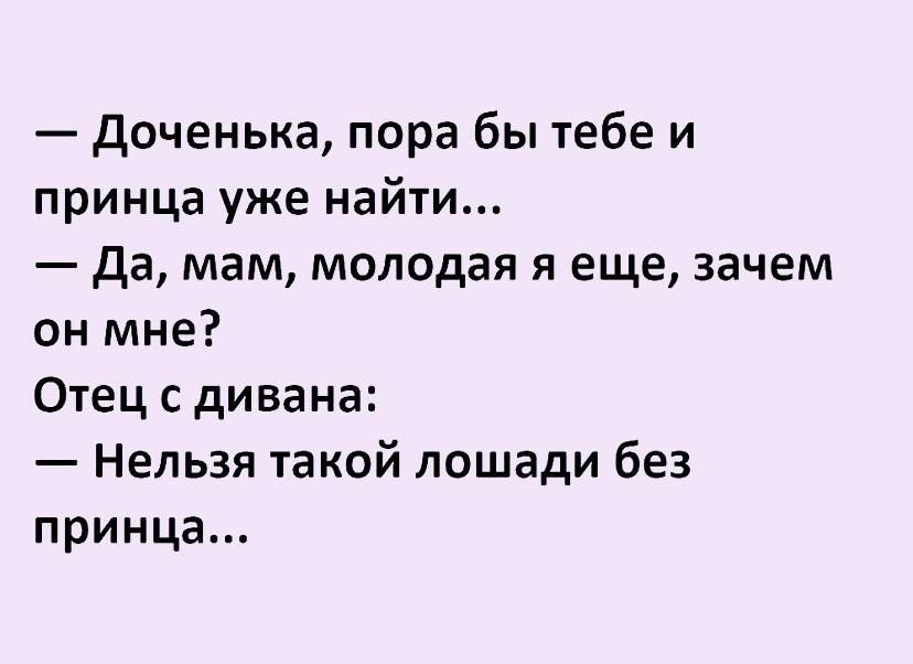 Дочка шутка. Доченька пора бы тебе уже и принца найти. Анекдот нельзя такой лошади без принца. Шутки про дочь. Доченька пора жениться.