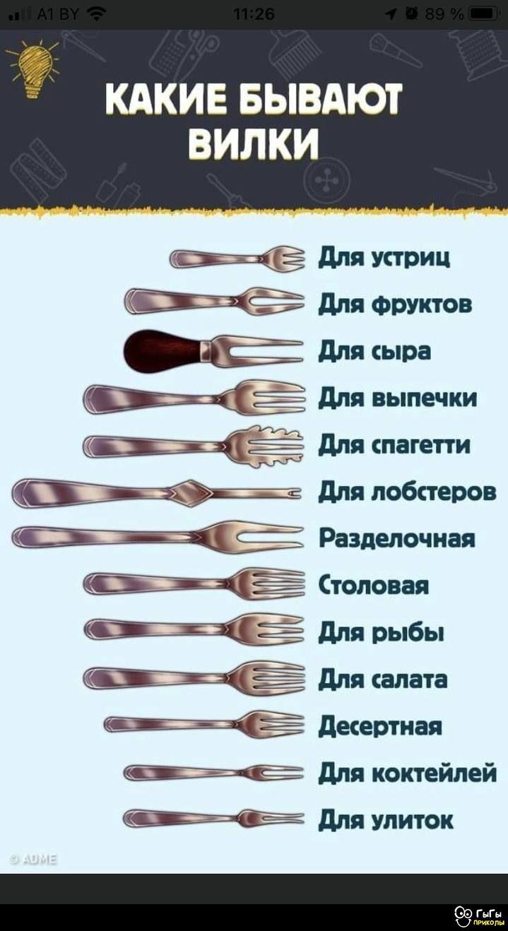 КАКИЕ БЫВАЮТ ВИЛКИ
Для устриц
Для фруктов
Для сыра
Для выпечки
Для спагетти
Для лобстеров
Разделочная
Столовая
Для рыбы
Для салата
Десертная
Для коктейлей
Для улиток