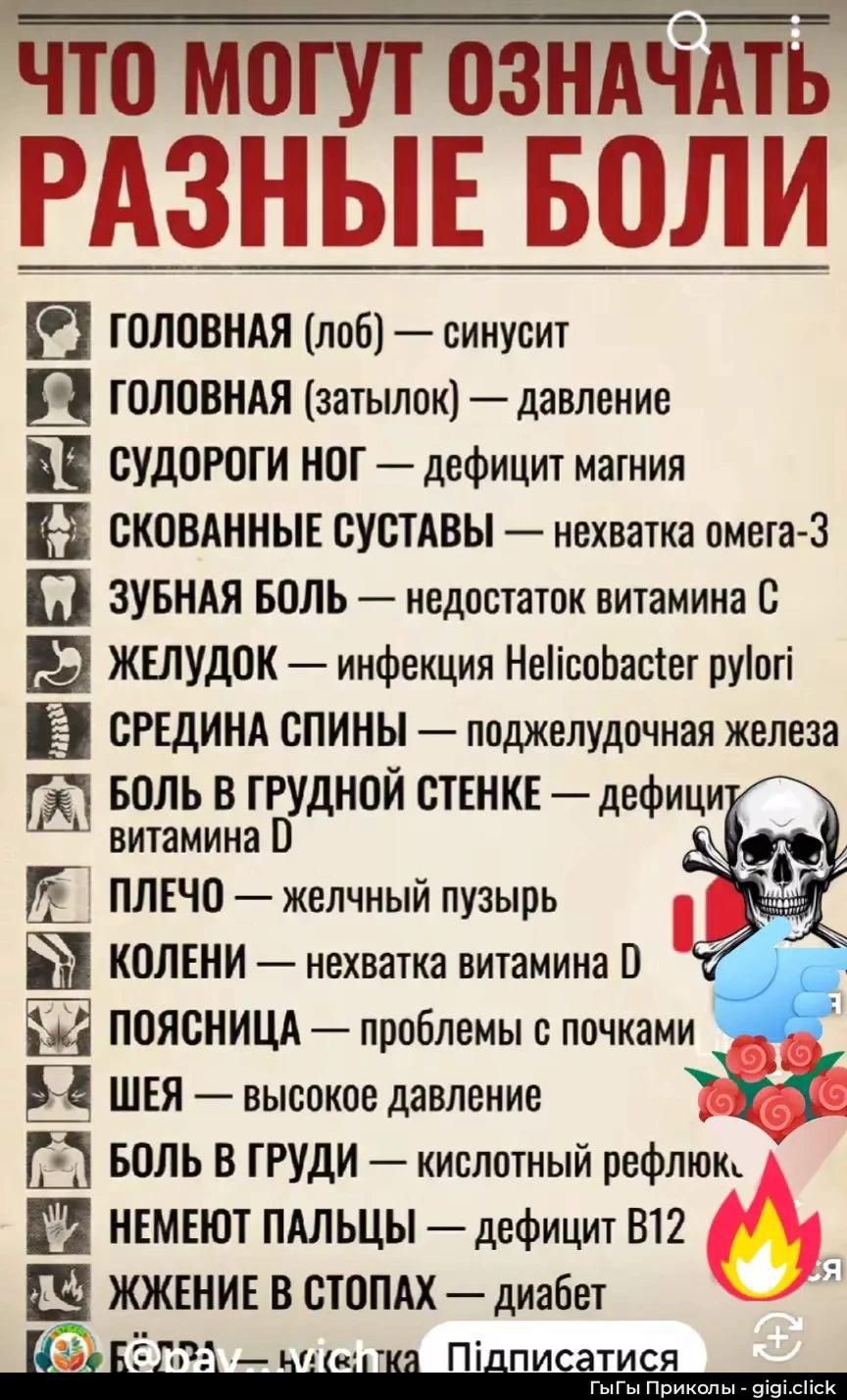 ЧТО МОГУТ ОЗНАЧАТЬ РАЗНЫЕ БОЛИ
ГОЛОВНАЯ (лоб) — синусит
ГОЛОВНАЯ (затылок) — давление
СУДОРОГИ НОГ — дефицит магния
СКОВАННЫЕ суставы — нехватка омега-3
ЗУБНАЯ БОЛЬ — недостаток витамина C
ЖЕЛУДОК — инфекция Helicobacter pylori
СРЕДИНА СПИНЫ — поджелудочная железа
БОЛЬ В ГРУДНОЙ СТЕНКЕ — дефицит витамина D
ПЛЕЧО — желчный пузырь
КОЛЕНИ — нехватка витамина D
ПОЯСНИЦА — проблемы с почками
ШЕЯ — высокое давление
БОЛЬ В ГРУДИ — кислотный рефлюкс
НЕМЕют ПАЛЬЦЫ — дефицит B12
ЖЖЕНИЕ В СТОПАХ — диабет