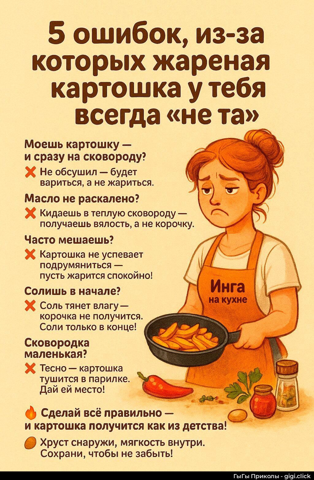 5 ошибок, из-за которых жареная картошка у тебя всегда «не та»

Моешь картошку — и сразу на сковороду? Не обжоришь — будет вариться, а не жариться.
Масло не раскалено? Кидаешь в теплая сковороду — получаешь влагу, а не корочку.
Часто мешаешь? Картошка не успевает подрумяниться — пусть жарится спокойно!
Солишь в начале? Соль тянет влагу — корочка не получится. Соли только в конце!
Сковородка маленькая? Тесно — картошка тушится, места нет!
Сделай всё правильно — и картошка получится как из детства: хруст сверху, мягкость внутри. Сохрани, чтобы не забыть!