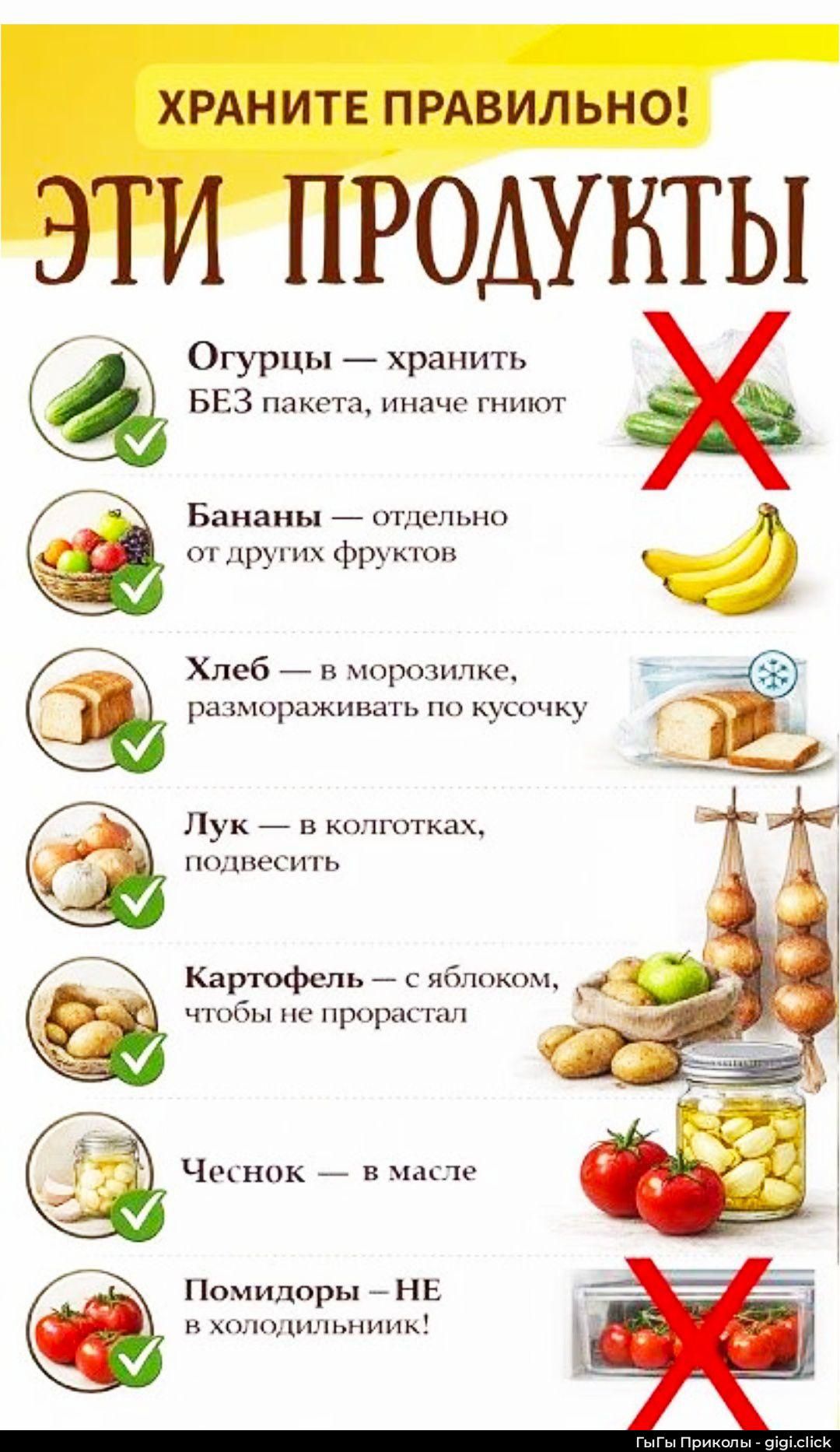 ХРАНИТЕ ПРАВИЛЬНО! ЭТИ ПРОДУКТЫ: Огурцы — хранить без пакета, иначе гниют; Бананы — отдельно от других фруктов; Хлеб — в морозилке, размораживать по кусочку; Лук — в колготках, подвесить; Картофель — с яблоком, чтобы не прорастал; Чеснок — в масле; Помидоры — НЕ в холодильник!