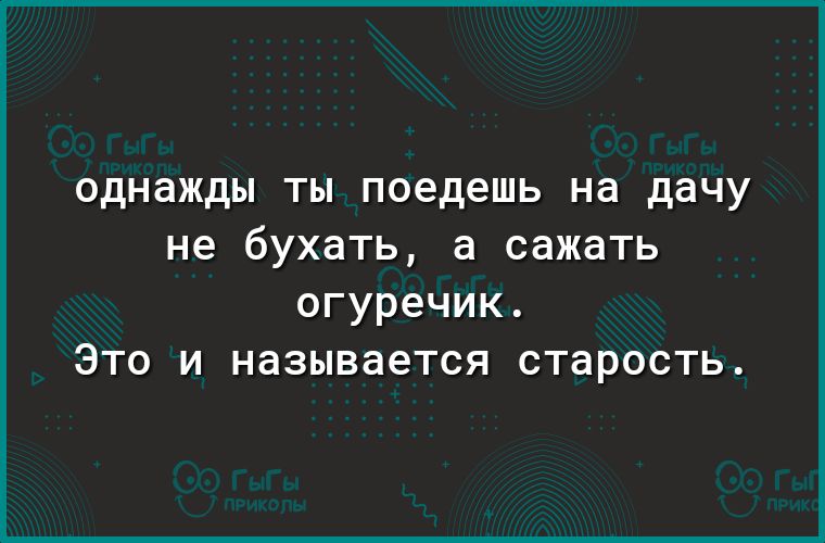 Однажды ты поедешь на дачу не бухать, а сажать огуречик. Это и называется старость.