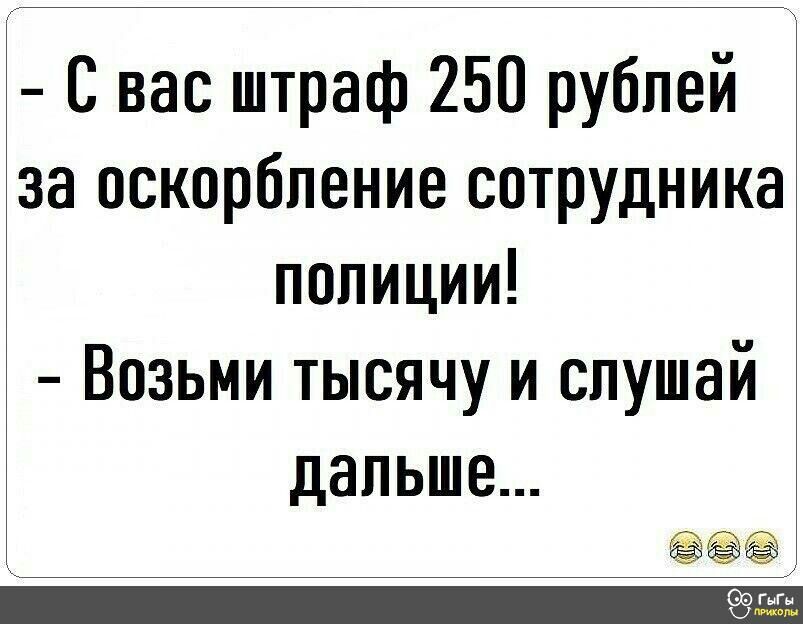 С вас штраф 250 рублей за оскорбление сотрудника полиции Возьми тысячу и слушай дальше
