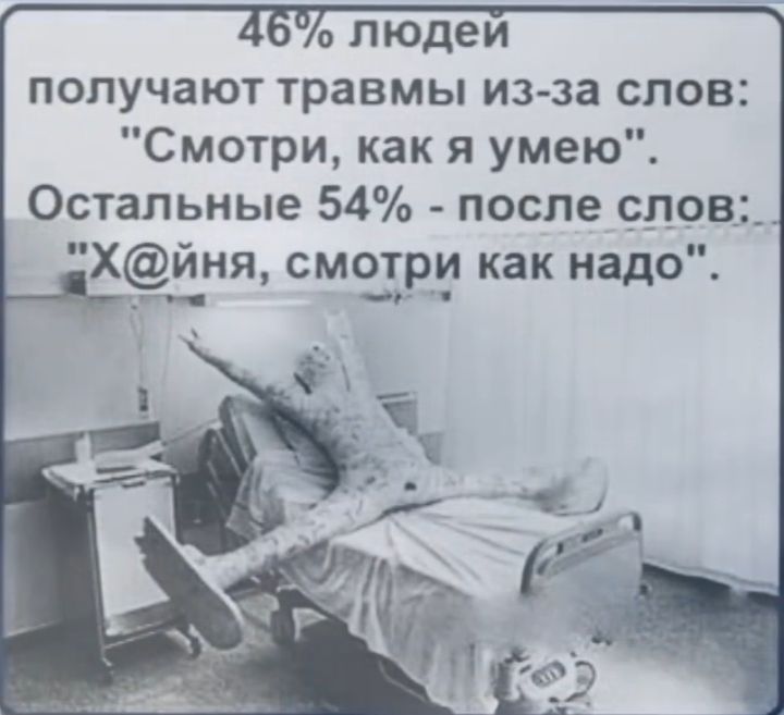 о пюдеи получают травмы из за слов Смотри как я умею Остальные 54 после слов Хйня смотри как надо ___ _