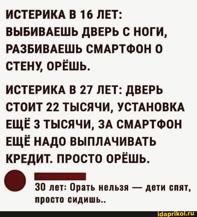ИСТЕРИКА В 16 ЛЕТ ВЫБИВАЕШЬ дВЕРЬ С НОГИ РАЗБИВАЕШЬ СМАРТФОН 0 СТЕНУ ОРЁШЬ ИСТЕРИКА в 27 ЛЕТ дВЕРЬ стоит 22 тысячи УСТАНОВКА ЕЩЁ 3 тысячи ЗА СМАРТФОН ЕЩЁ НАДО выптхчивдть КРЕДИТ просто ОРЁШЬ _ 30 лет Орать нельзя дети спят просто сидишь