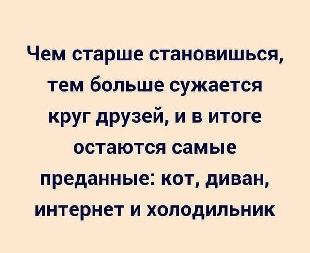 Чем старше становишься тем больше сужается круг друзей и в итоге остаются самые преданные кот диван интернет и холодильник
