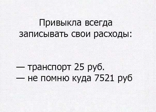 Привыкла всегда записывать свои расходы транспорт 25 руб не помню куда 7521 руб