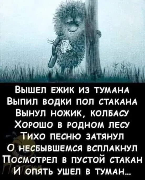 ВЫШЕП ЕЖИК ИЗ ТУМАНА ВЫПИП ВОДКИ ПОЛ СТАКАНА ВЫНУП НОЖИК КОЛБАСУ ХОРОШО В РОДНОМ ЛЕСУ ТИХО ПЕСНЮ ЗАТЯНУЛ О НЕСБЫВШЕМСЯ ВСППАКНУЛ ПОСМОТРЕЛ В ПУСТОЙ СТАКАН И ОПЯТЬ УШЕЛ В ТУМАН