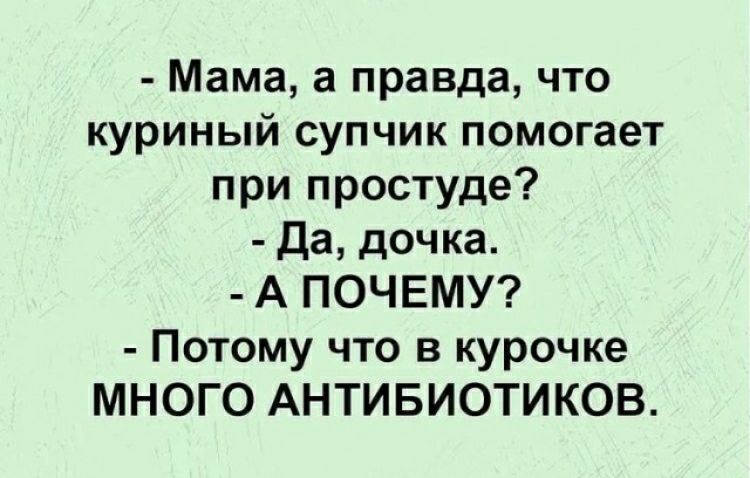 Мама а правда что куриный супчик помогает при простуде Да дочка А ПОЧЕМУ Потому что в курочке МНОГО АНТИБИОТИКОВ