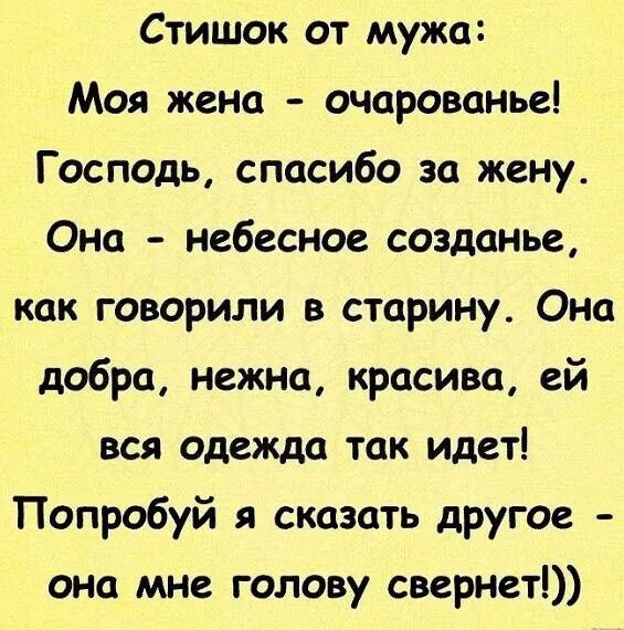 Стишок от мужа Моя жена очарованье Господь спасибо за жену Она небесное созданье как говорили в старину Она добра нежна красива ей вся одежда так идет Попробуй я сказать другое она мне голову свернет