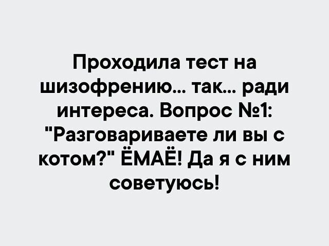 Проходила тест на шизофрению так ради интереса Вопрос 1 Разговариваете ли вы с котом ЁМАЁ Да я с ним советуюсь