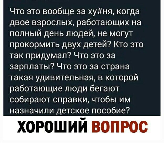 Что это вообще за хуня когда двое взрослых работающих на полный день людей не могут прокормить двух детей Кто это так придумал Что это за зарплаты Что это за страна такая удивительная в которой работающие люди бегают собирают справки чтобы им назначили детское пособие хороший вопрос