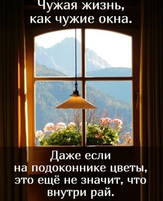 Чужая жизнь как чужие окна Даже если на подоконнике цветы это ещё не значит что внутри рай