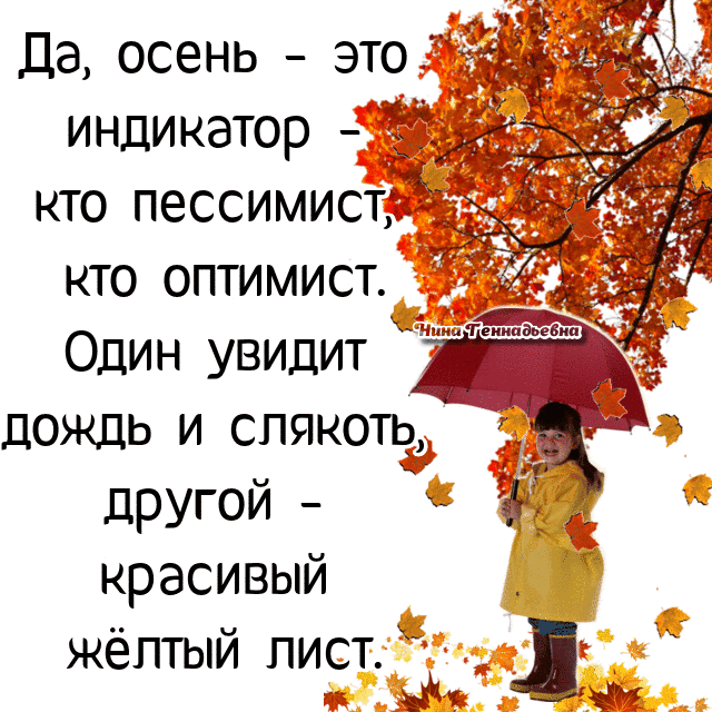 Да осень это индикатор кто пессимист кто оптимист Один увидит дождь и слякоть другой красивый жёлтый лист _ и