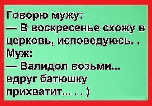 Говорю мужу В воскресенье схожу в церковь исповедуюсь Муж Валидол возьми вдруг батюшку прихватит