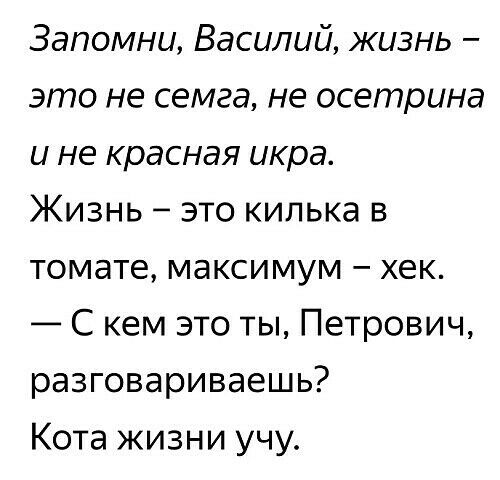 Запомни Василий жизнь это не семга не осетрина и не красная икра Жизнь это килька в томате максимум хек С кем это ты Петрович разговариваешь Кота жизни учу